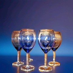 Set of 6 ✨ CLEAR BLUE GLASS GOBLETS Champagne WINE Water Glass LONG STEM