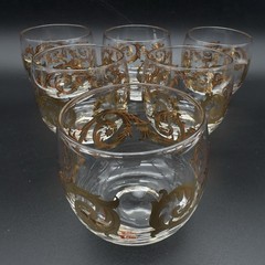 Six (6) MCM Cera 22k Gold Scroll Roly Poly Rocks Glasses Low Ball Tumblers