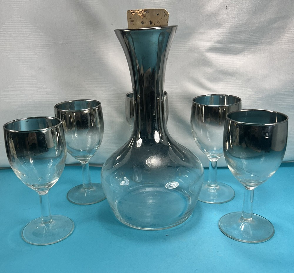 Vintage 1950s Mid Century Modern Wine Decanter & 5 Glasses Silver Lusterware
