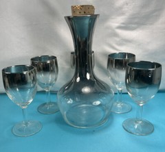 Vintage 1950s Mid Century Modern Wine Decanter & 5 Glasses Silver Lusterware