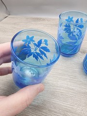 Set Of 3 Libbey Blue Floral Daisy Glasses 5” MCM Great Condition Flower Vintage