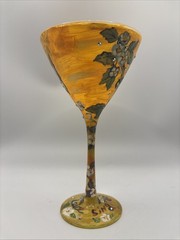 Hand Painted Martini Glass Floral Yellow Rhinestones Dated 2012 Signed