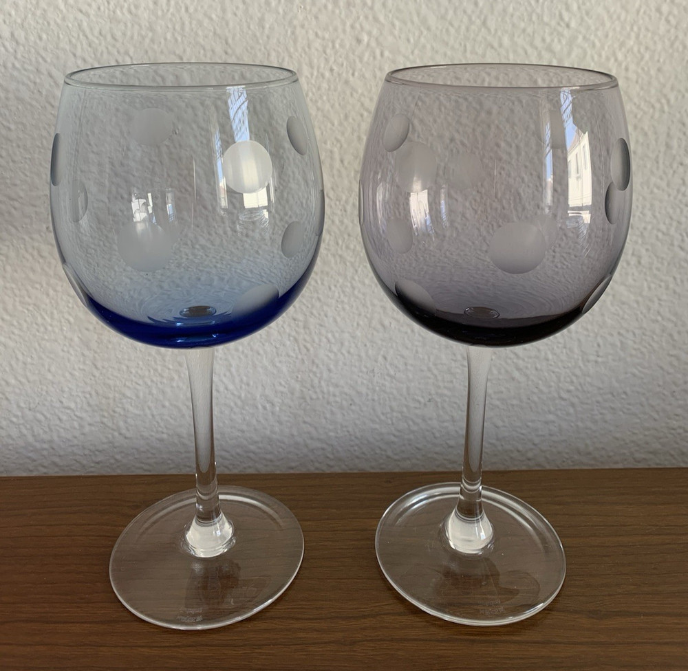 Two (2) WATERFORD Marquis CRYSTAL Purple & Blue BALLOON WINE GLASSES POLKA DOTS