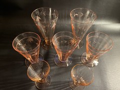 Vintage Pink Tiffin Franciscan 7 Water Juice And Parfait Glasses Etched