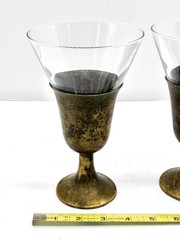 Vtg RARE Pair Handcrafted Brass Wine Goblets w/Removable Glass Beakers Patina