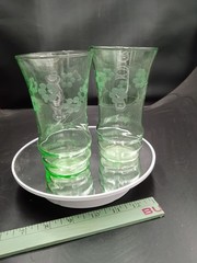 Uranium Glass Tumblers Set 2 Etched Flowers Vaseline UV Reactive Glows 5”