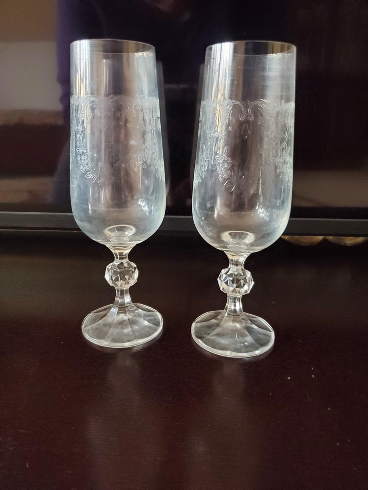 2 Bohemian Crystal Cascade Champagne Flutes Etched Swag Knob Stem & Panel Base