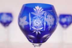 SET 3 BOHEMIAN CZECH CUT TO CLEAR CRYSTAL Hock Wine GLASSES Goblets COBALT BLUE