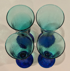 Cobalt Blue Goblets Glasses Shell Relief Base, Blown Glass, Vintage 7″T Set of 4