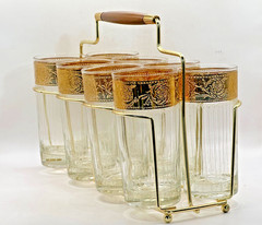 Culver Glass 22K Gold 8 Highball Caddy Set Vintage Retro Barware Tyrol MCM