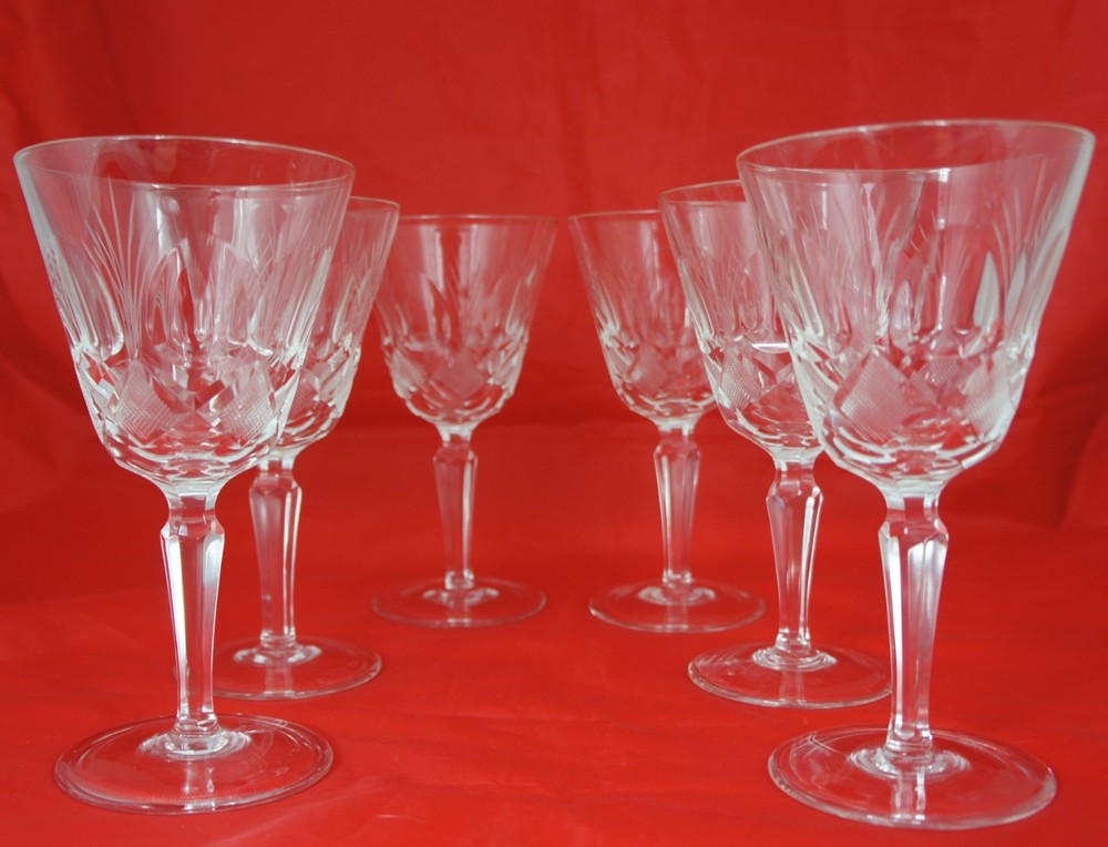 VINTAGE FINE CUT GLASS OR CRYSTAL WINE/WATER SET 6 NAPOLI FAN/THUMBPRINT