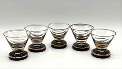 Vtg MCM Cordial Glasses Set of 5 Black Base Gold Trim Mini Martini Aperitif