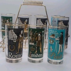Vtg Libbey International Cities of The World S/8 Highball Glasses w/ Carrier