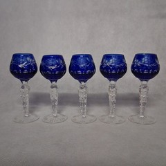 Lausitzer Cobalt Blue Cut Clear Stemmed Cordial Glasses 5 Grapes Leaves LA5 5.25