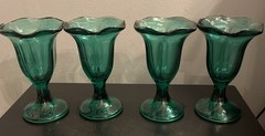 (4) Anchor Hocking FOUNTAINWARE Teal Green Glass TULIP Ice Cream Sundae Dish