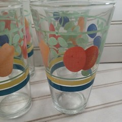 Vintage RARE Gibson Fruit Drinking Glasses Fruit and Floral w/Stripes Set of 4