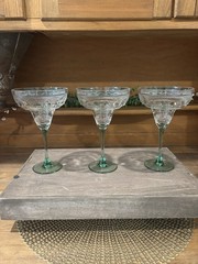 Set of 3 Vintage Cristal d’Arques Durand Sombrero Margarita Glasses Green Stem