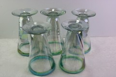 5 Hand Blown Stemware V-Shaped Glasses All Iridescent Green & Blue Band Luster