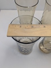Set Of 6 Vtg. Smoky Tan Glasses Optic Swirl Pattern 6.5″ Tall Hourglass Shape