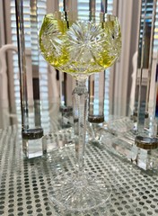 BOHEMIAN LIME PERIDOT CASED CUT CLEAR CRYSTAL 8″ WINE GOBLET STORE CLOSING
