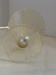 4 Vintage Parfait Glasses Yellow/Gold Iridescent Swirl, footed, some tiny chips