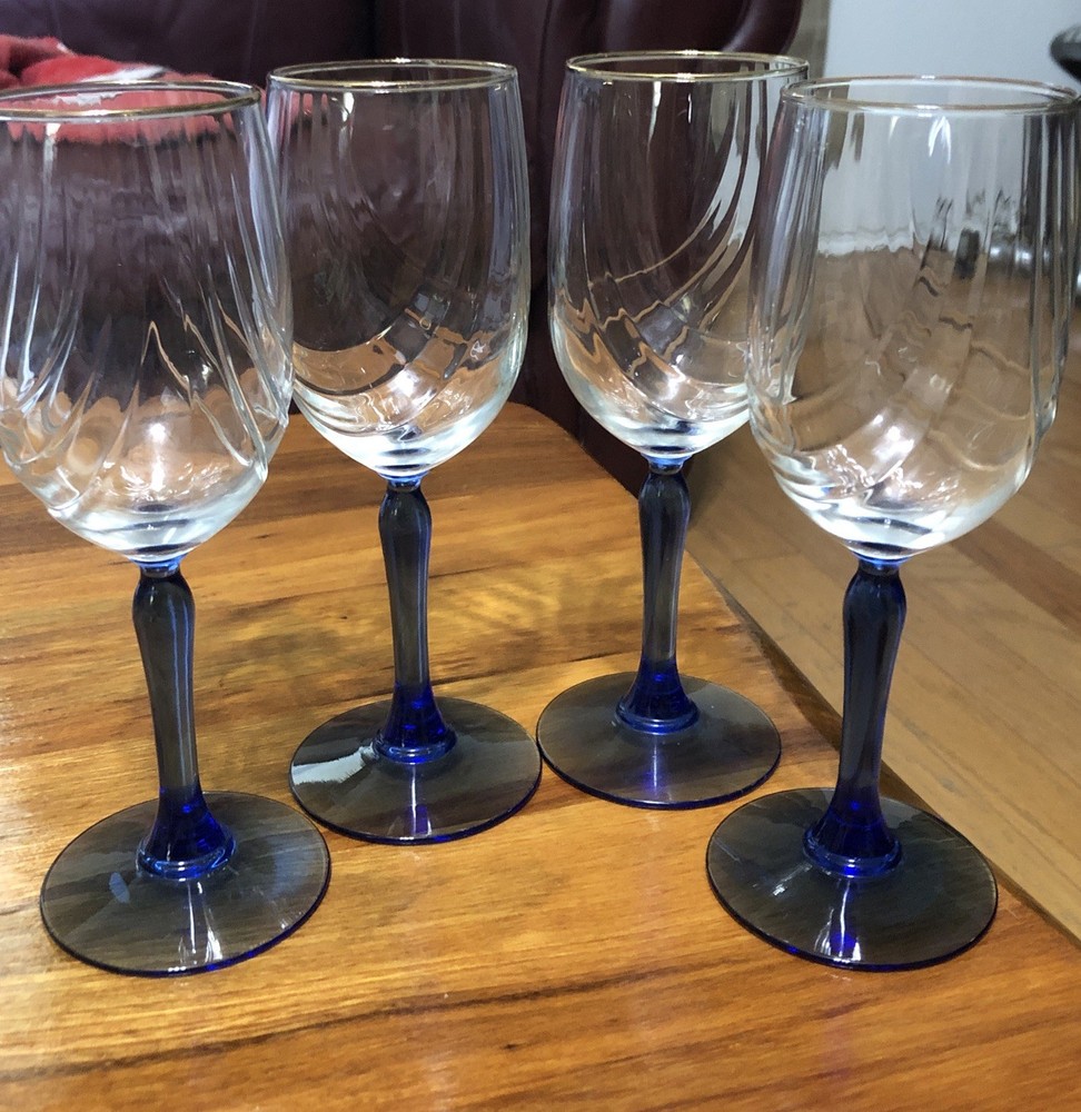 4 Lenox Crystal Cobalt Blue Stem Swag Drape Gold Rim Wine Glasses