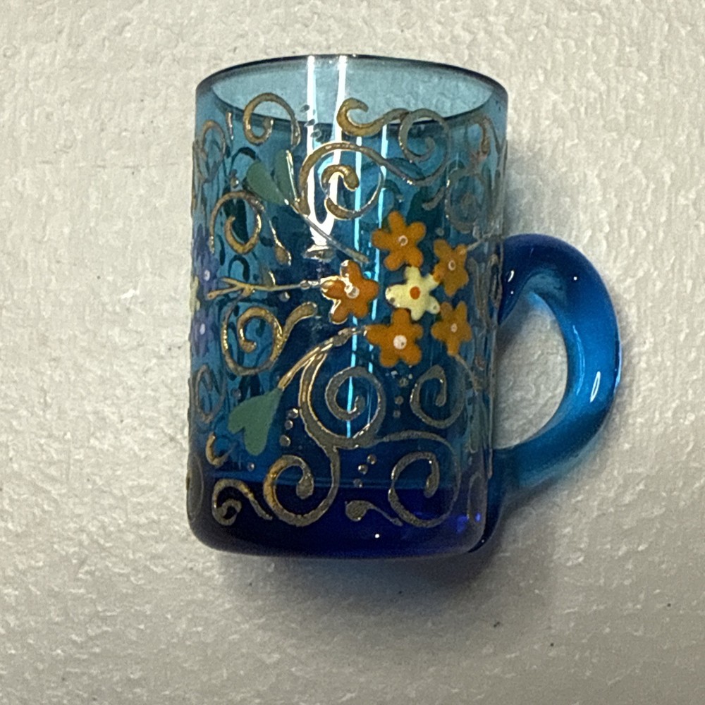 Bohemian Hand Enameled Orange Floral Blue Glass Cordials C. 1890s