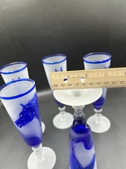 VTG Cameo Glass Horse Champagne Flutes 5 Pc Blue Frosted Hand Carved Equestrian