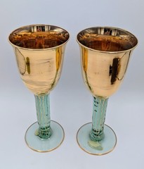 Laurie Gates Gold Goblets Pair Aqua Stem Hand Painted Metallic Wine Glasses 8.5”