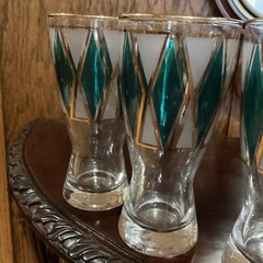 Libbey Mid-Century Emerald Blue & 22-Karat Gold Diamond Pilsner Glasses Set Of 8