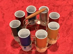 Retro Vintage 60-70s Aluminum/Ceramic MCM 8 Piece Tumbler Set w/Carrier Ex Cond