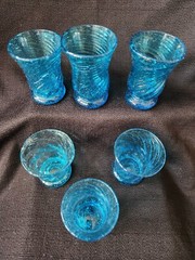 Vintage Mid Century Hand-Blown Spiral Swirl Blue Glasses 6 Mini Small 3″ Footed