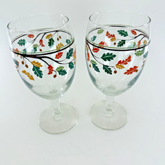 Set of Two Libbey Crissa Wine Water Glasses Goblets Fall Leaves Acorns Striped