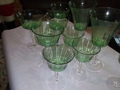 Central Glass Works Green Over Crystal, Ten, #1471 Stems, «Pamela» circa 1935