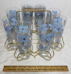 RARE Vintage MCM 8 Piece Gold Trim Blue Shamrock Drinking Glasses Set Wire Caddy