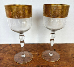 2 Pc Glastonbury Lotus Goldenrod Pattern Water Wine Goblets 22K Gold Encrusted