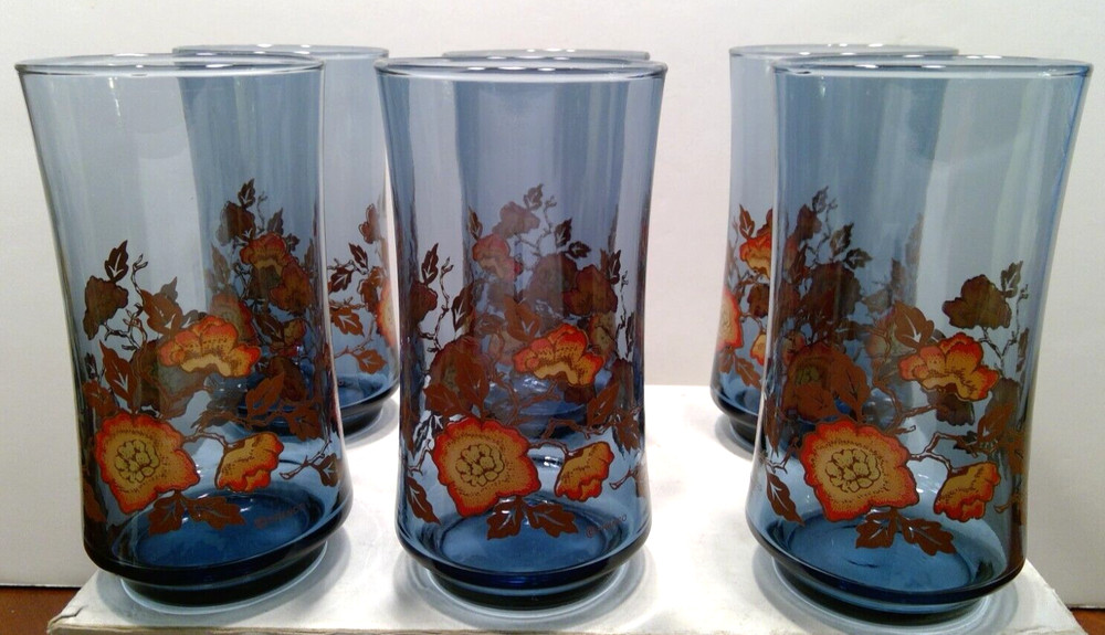 Vintage Set of 6 Libby Franco Bolero Blue 5 1/4″ Tumblers with Poppies
