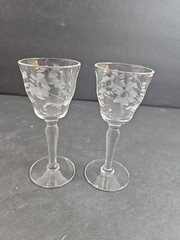 Vintage Stemmed Cordial Liqueur Glasses Set of 2 Gray Cut Etched Floral 4″