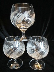 RARE POLTAR CRYSTAL 24% LEAD 3 BRANDY GLASSES GOBLETS FROSTED CUT SWIRLS 5″ TALL