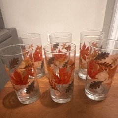 Set of 6 Autumn Leaves Decorated Clear Glass Tumblers, Fall Colors