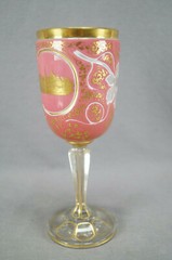 Bohemian Warmbrunn City Pink Cased Opaline Cut to Clear Grapevine & Gilt Goblet