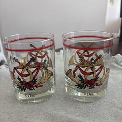 2 Vintage Cera Lowball Glasses 22kt Gold Horns Red Bows Barware MCM