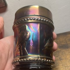 Vintage Dugan Iridescent Cobalt Blue Carnival Glass Tumbler Stork Rushes Beaded