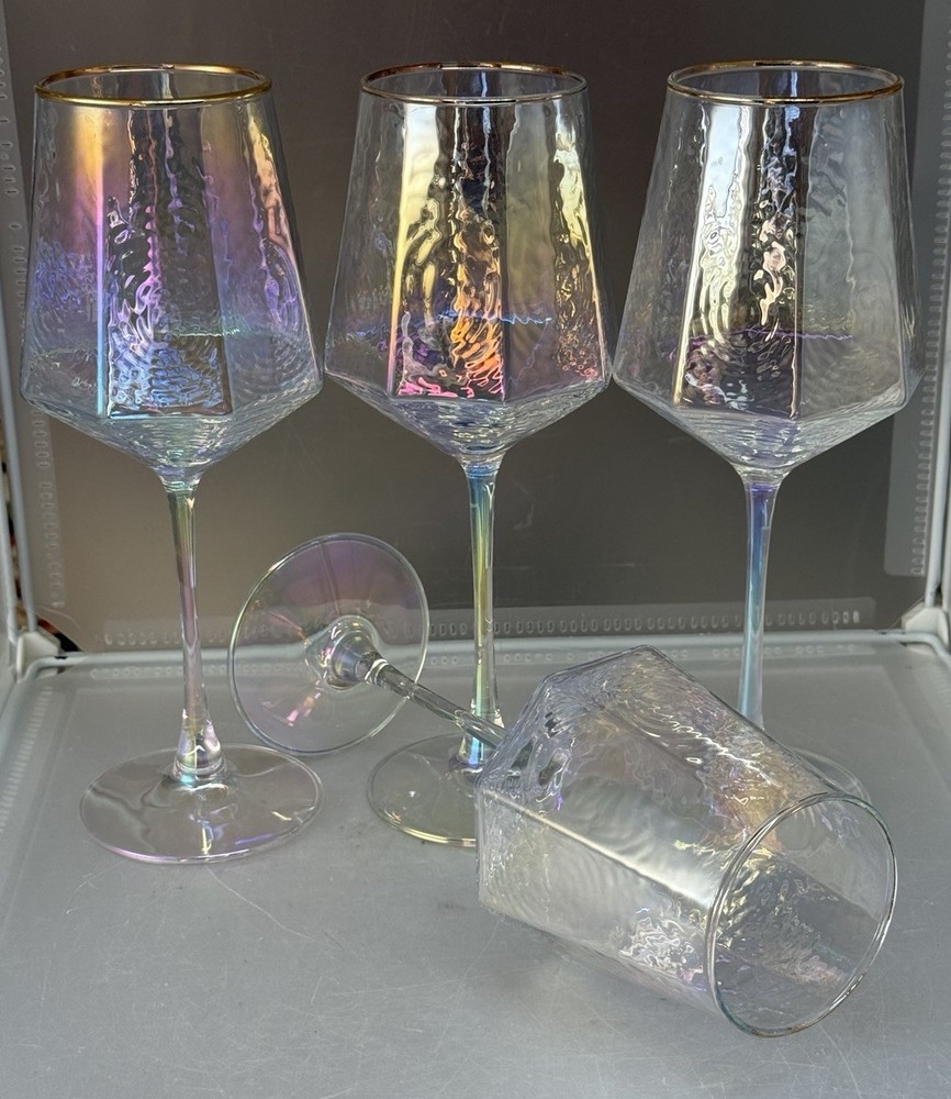 Set of 4 Hammer Pattern Pearl Luster 9.24” Wine / Water Goblet Crystal