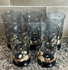 Libbey Bolero Franco Blue Drinking Glasses w/Brown and Cream Flowers (set of 5)