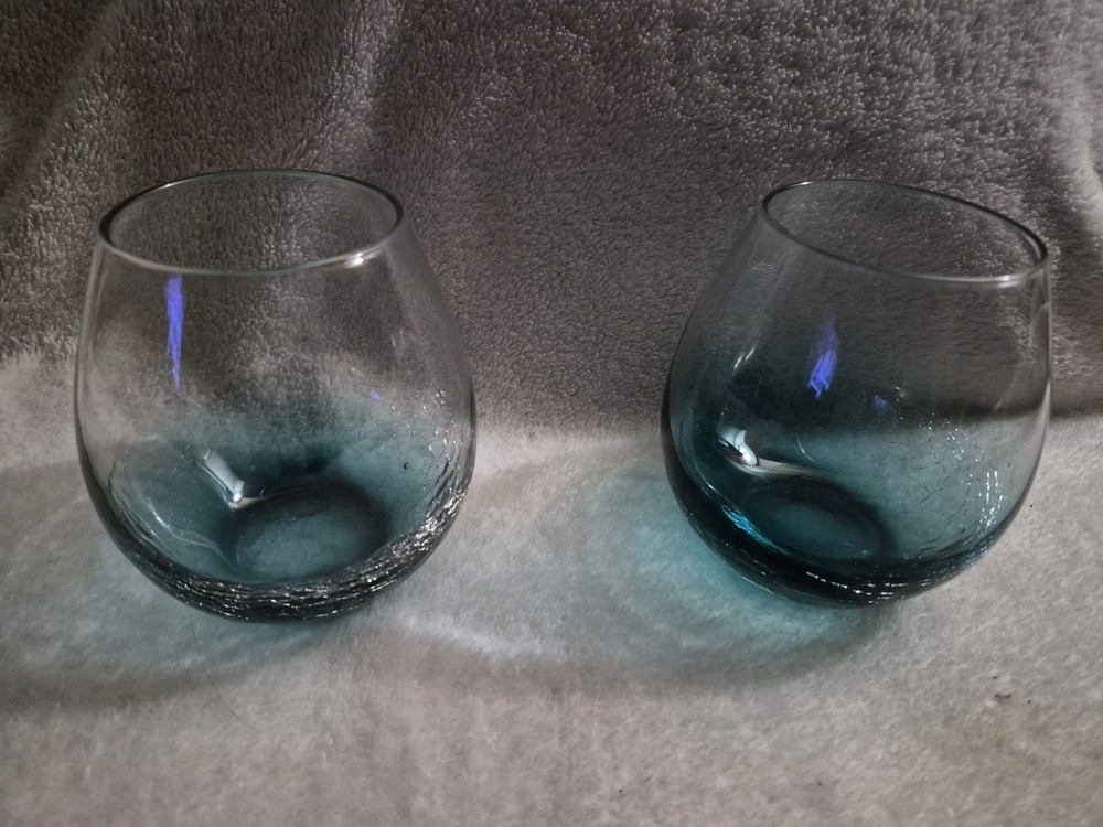 Pier 1 One Crackle Glass Stemless Wine Glasses Teal Blue Green Set of 2