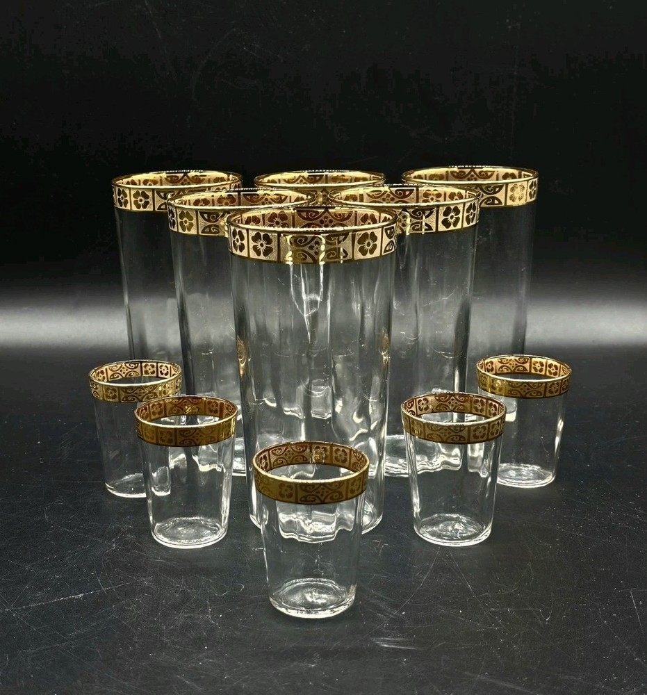 10pc MCM Stetson Gold Encrusted Floral Band 6 Highball 4 Cordial Glass Set
