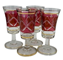 Vintage Cranberry Ruby Cut To Clear Decanter Set of 4 Cordial Liquor Glasses