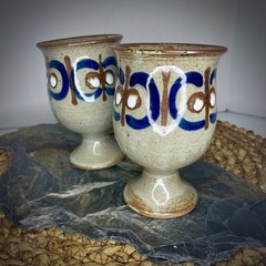 Vtg Stoneware Goblets Set of 2 Stemmed Cups 70s MCM Handmade Rustic Folk Core