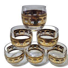 Culver Festival Wheat Roly Poly Bar Glasses 22k Gold Pattern Set of 6 Vintage